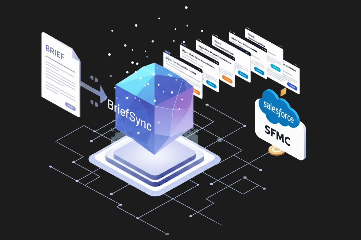 Représentation numérique illustrant une intégration de données entre BriefSync et Salesforce SFMC, avec des documents et des interfaces utilisateur reliés à une icône centrale.