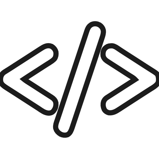 Symbole d'un code informatique avec des balises HTML et une barre oblique au centre, sur fond noir.