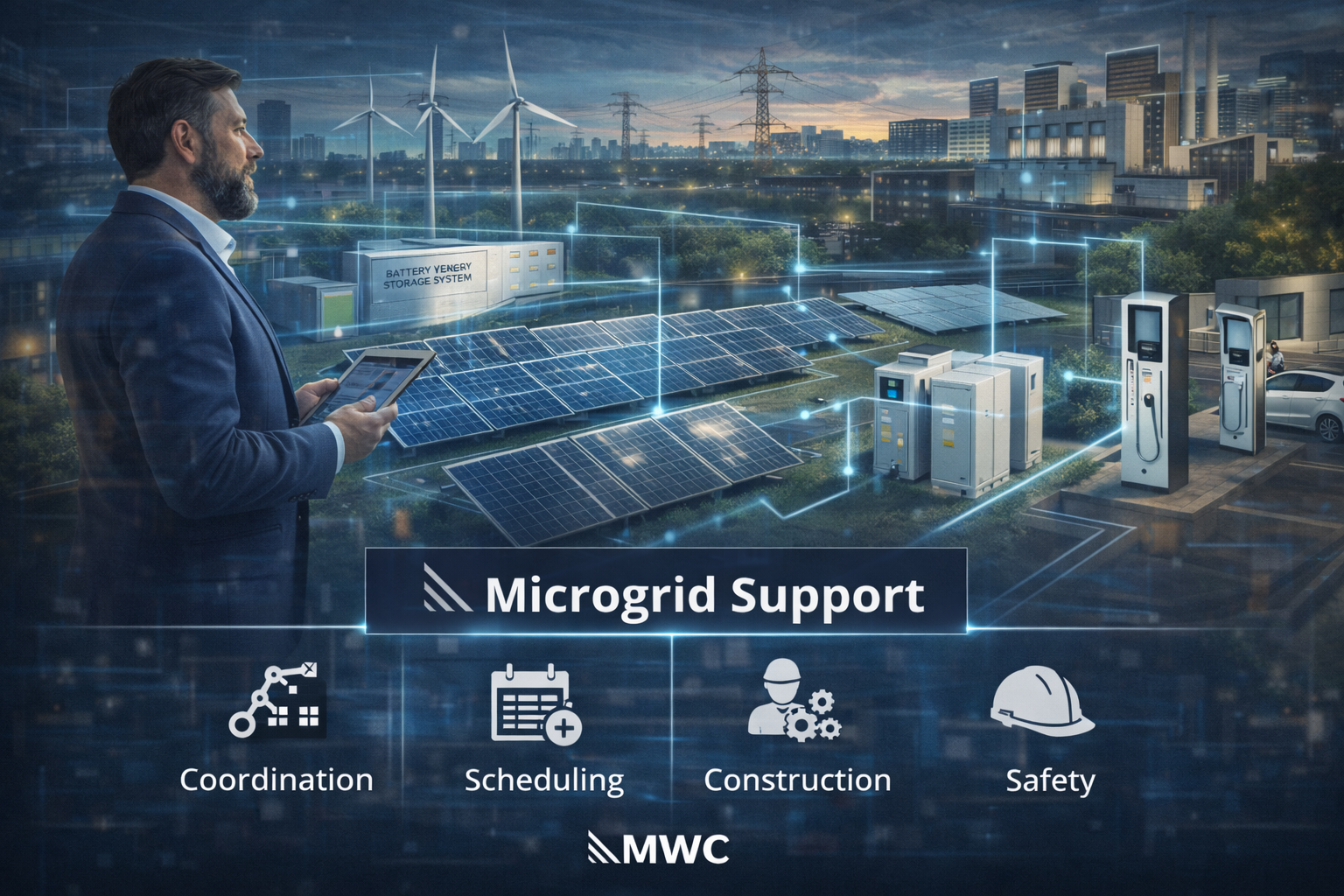 A man in a suit holding a tablet, standing in front of a futuristic eco-friendly cityscape with solar panels, wind turbines, and electric vehicle charging stations, highlighting microgrid support for coordination, scheduling, construction, and safety.