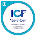 ICF Member logo, a circular badge with blue text on a white background
