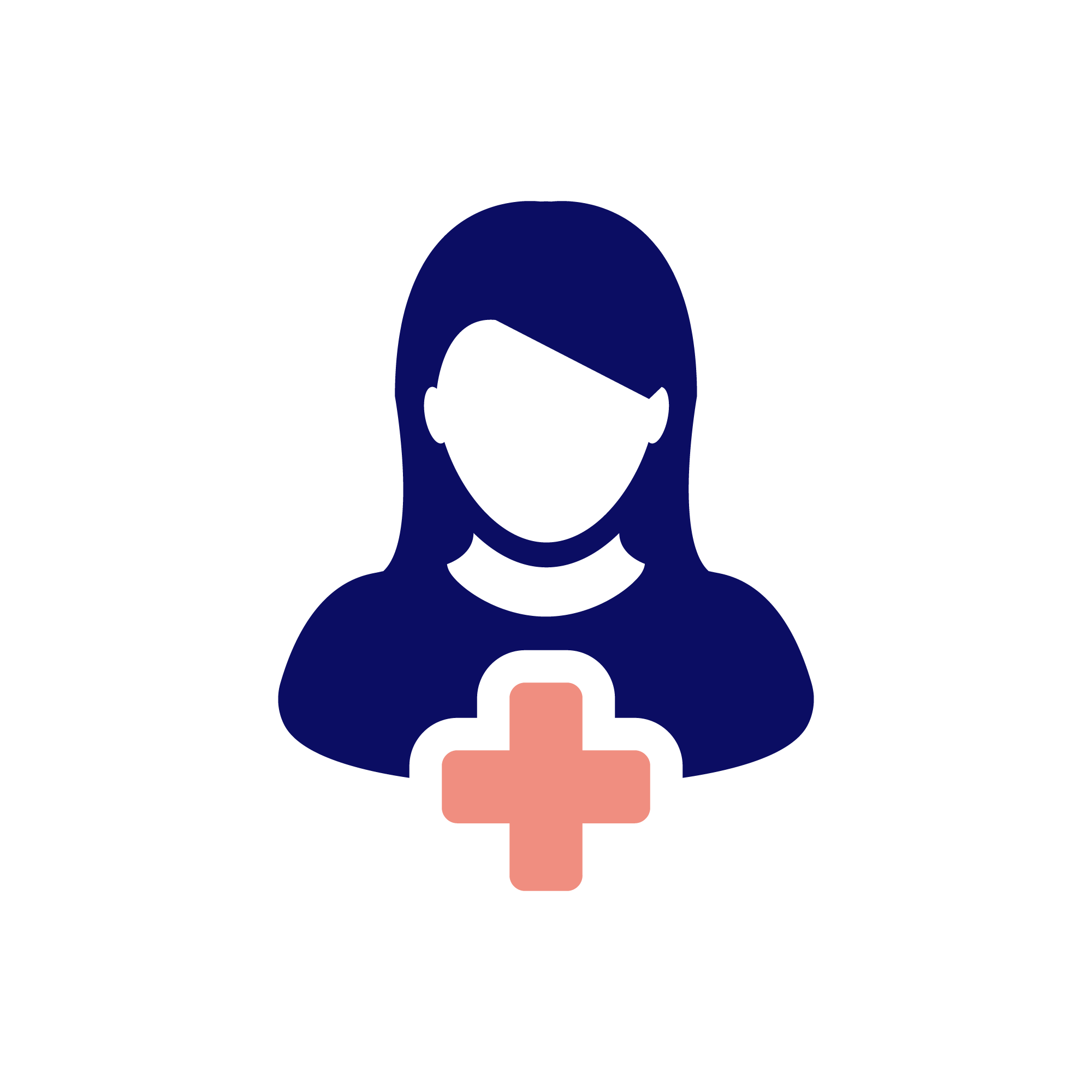 Silhouette of a female healthcare professional with blue hair, wearing a dark outfit, and a pink medical cross symbol in front of the chest.