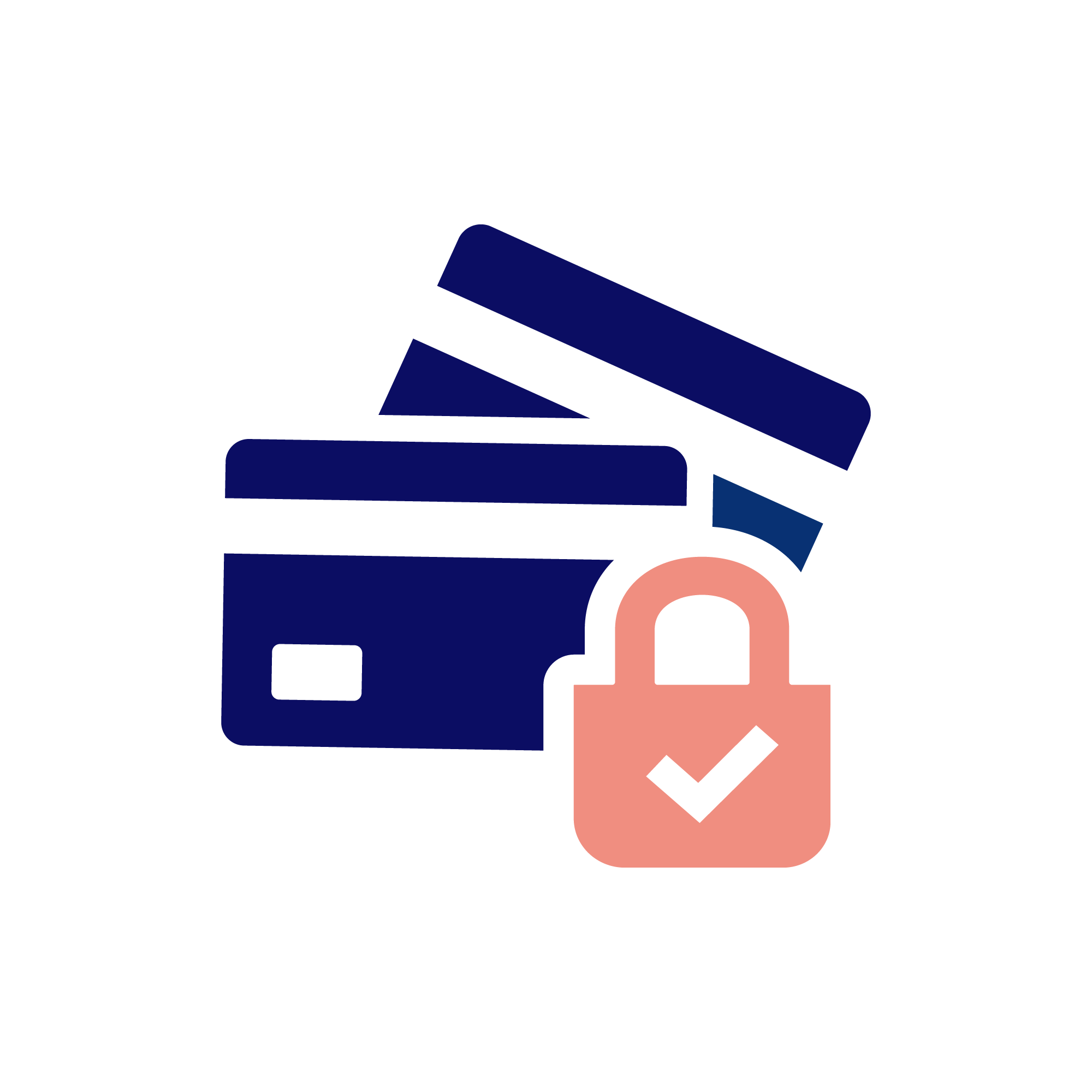 Icon of dark blue credit cards with a pink padlock and checkmark, indicating secure or verified financial transactions.