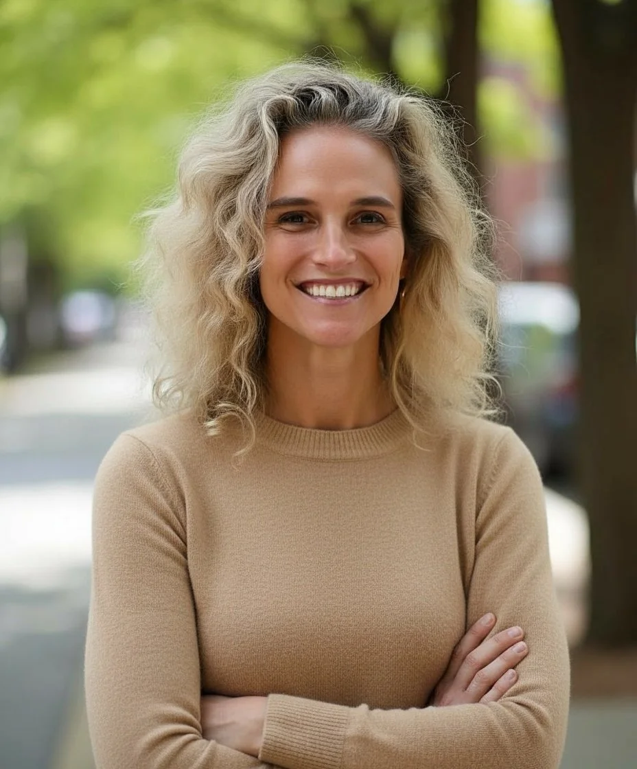 Lindsay Kuhl Counseling standing outdoors with trees and a blurred background.