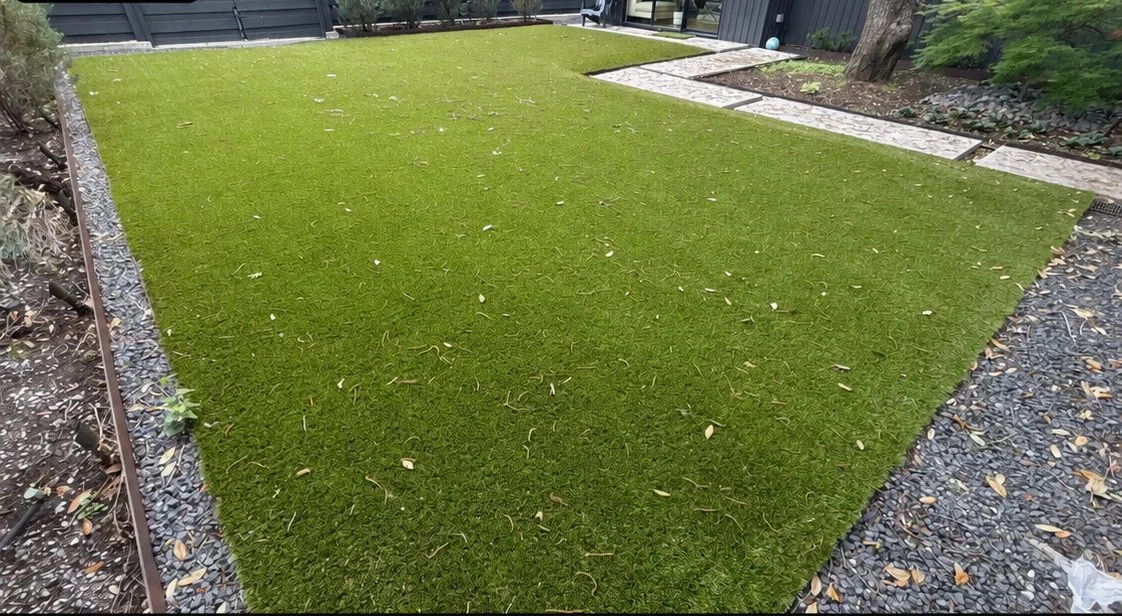 Artificial turf with embedded leaves and debris before professional deep cleaning, East Dallas