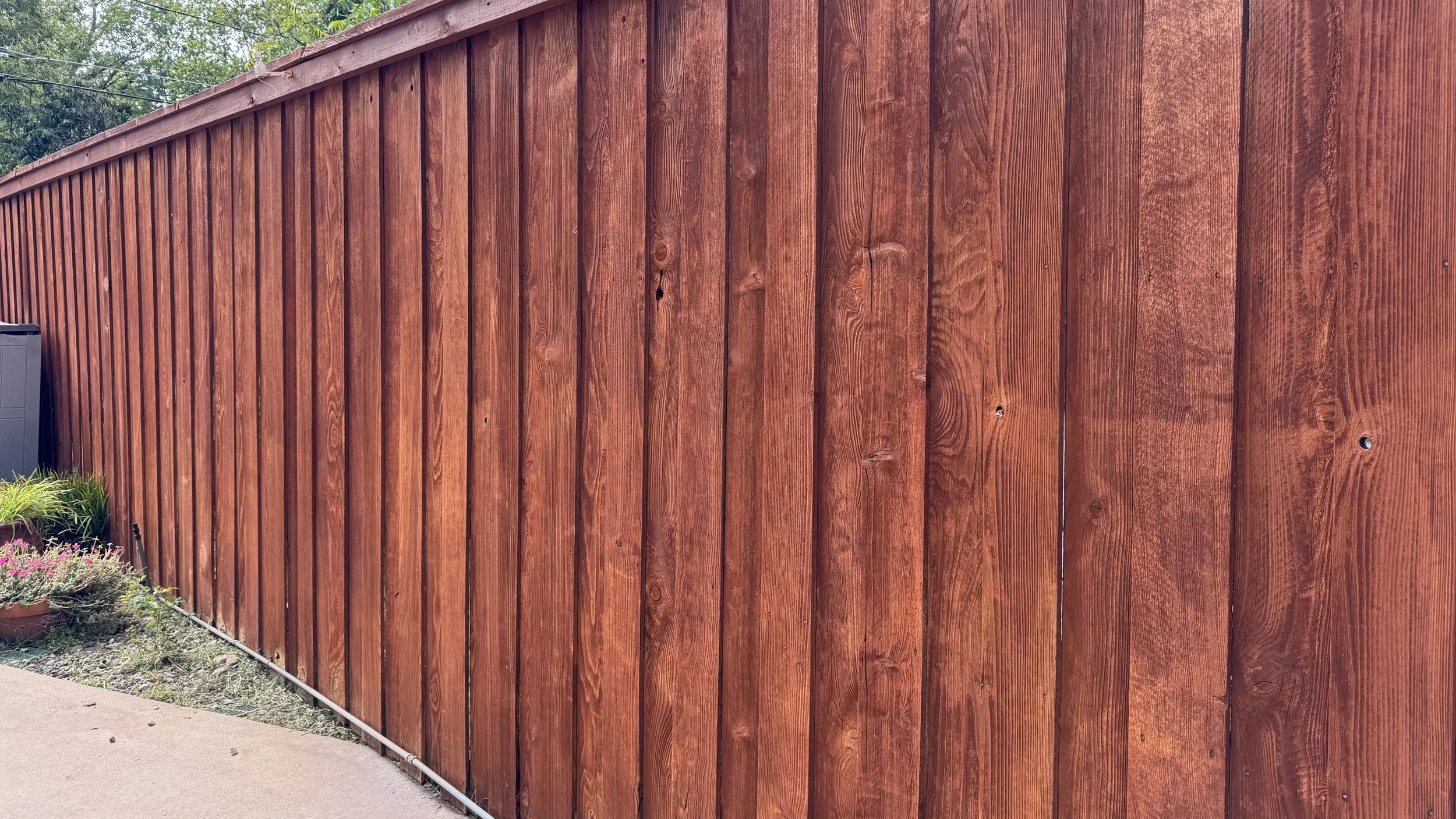 Cedar fence restored with rich oil-based stain by Spotlite in Dallas