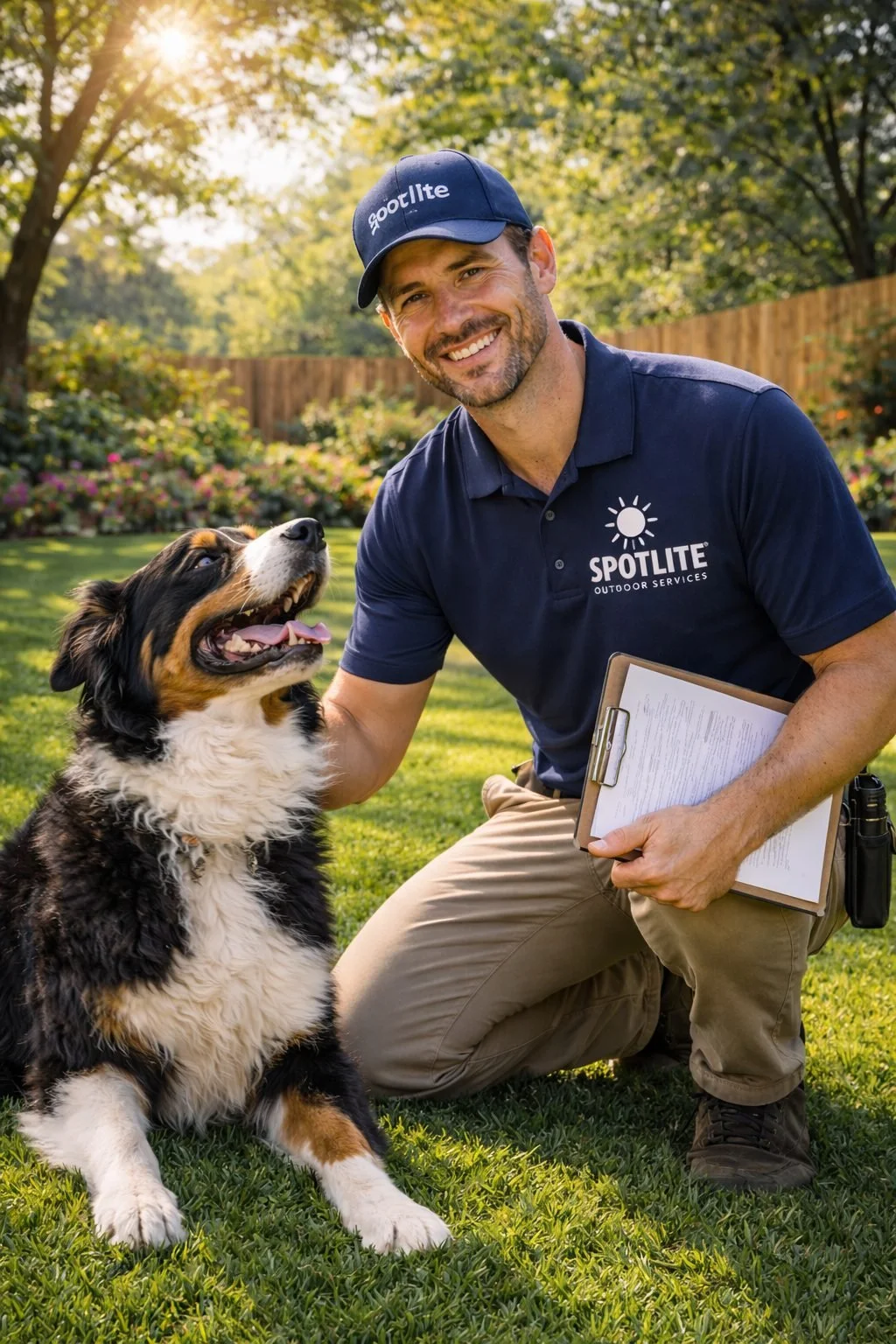Spotlite technician greeting a family dog during a backyard turf consultation in North Dallas.