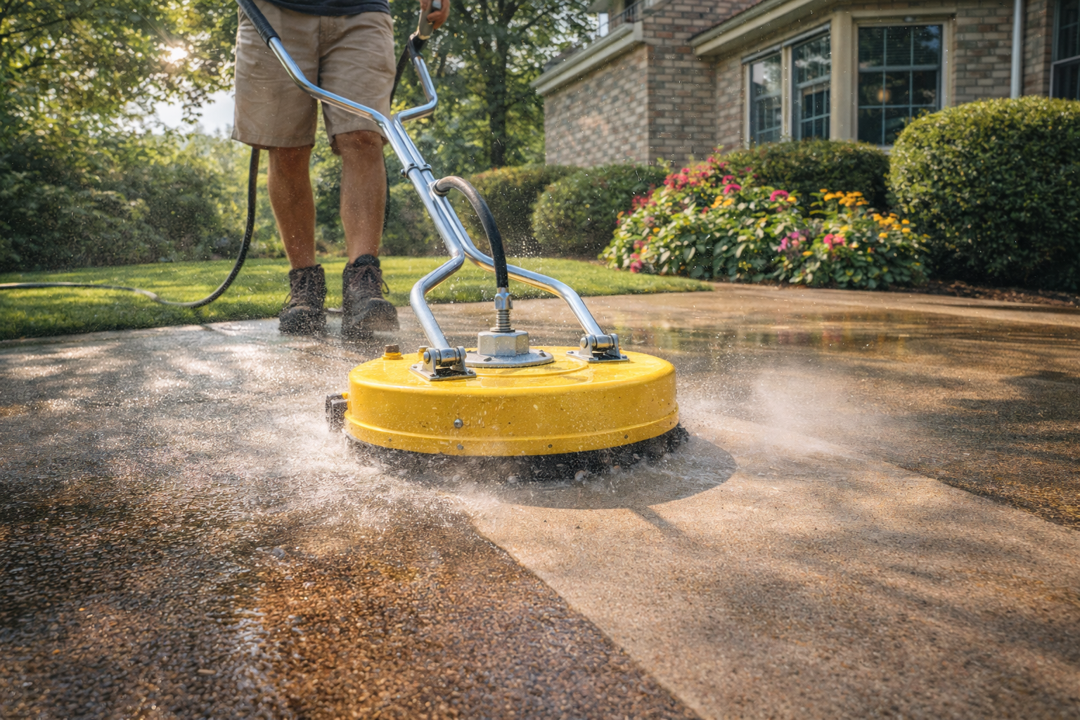 Professional power washing a driveway in North Dallas Texas