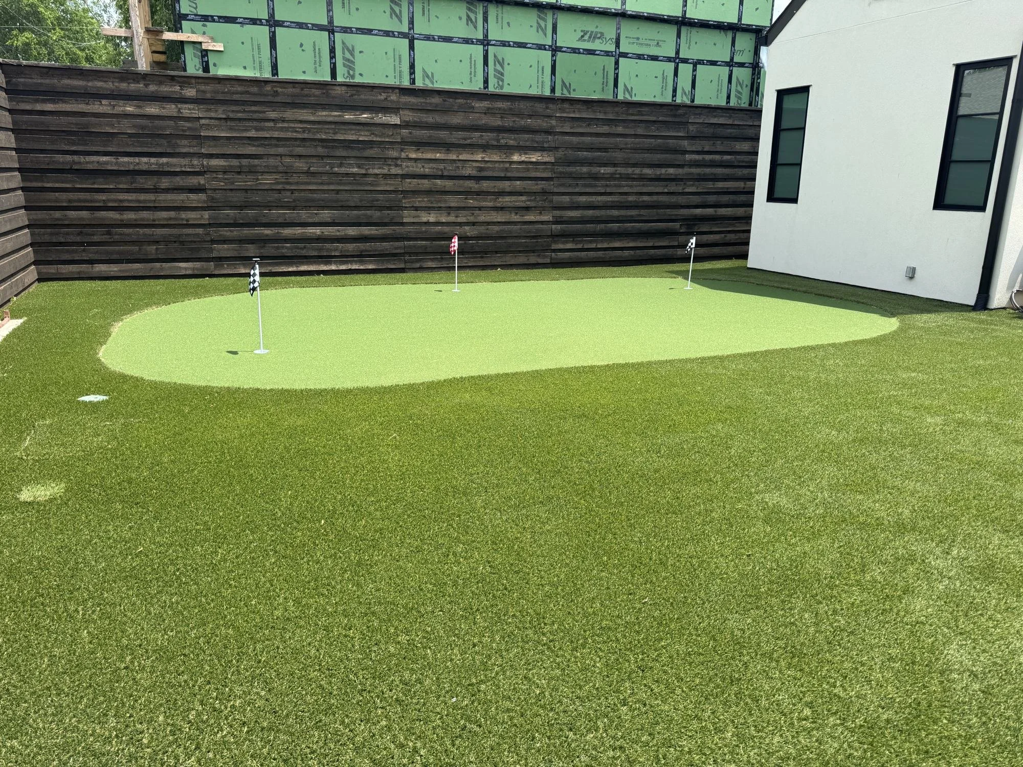 Putting green turf and lawn turf varieties seamed together in a Dallas backyard installation