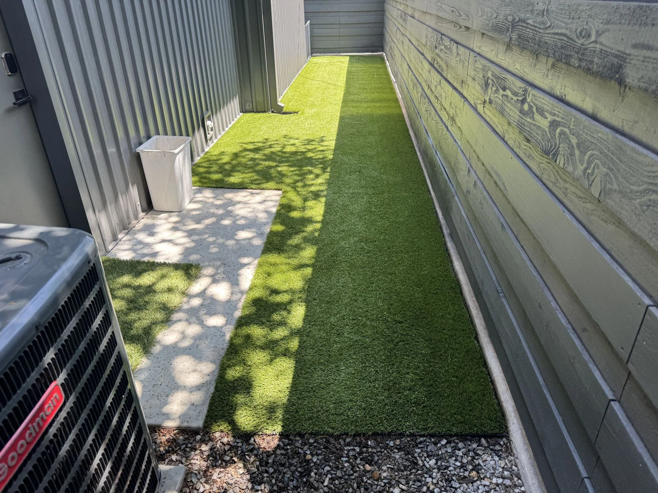 Clean artificial pet turf side yard after professional cleaning at a Dallas home