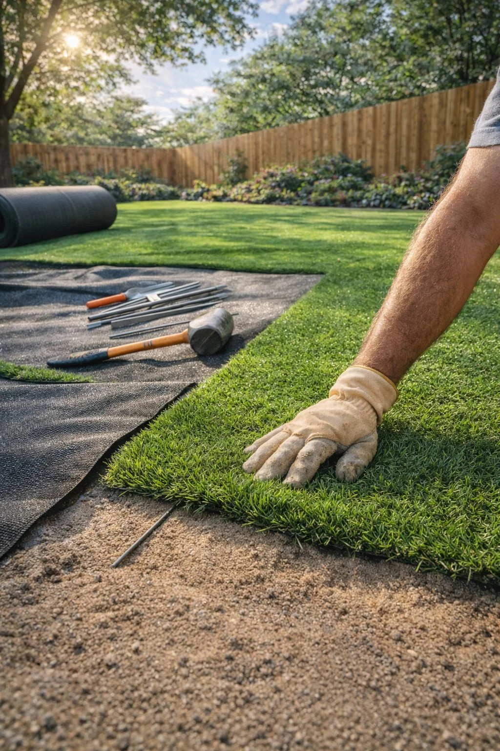 nstalling artificial turf over a prepared decomposed granite base in a North Dallas backyard.