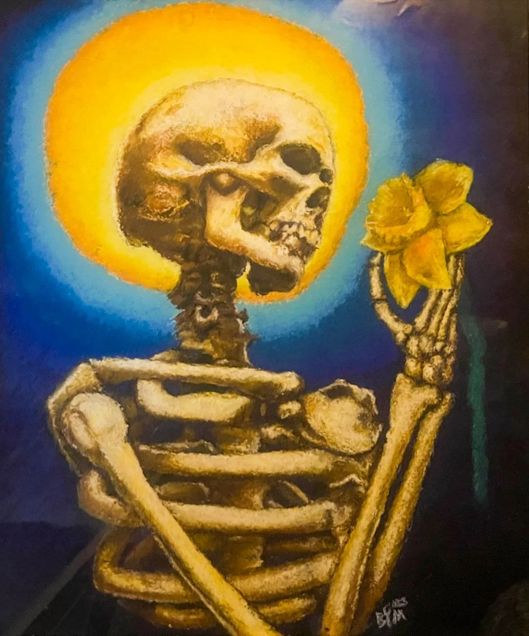With a Flower, 2022. 
Oil Pastel on paper -
14" x 17" / 35 x 43 cm