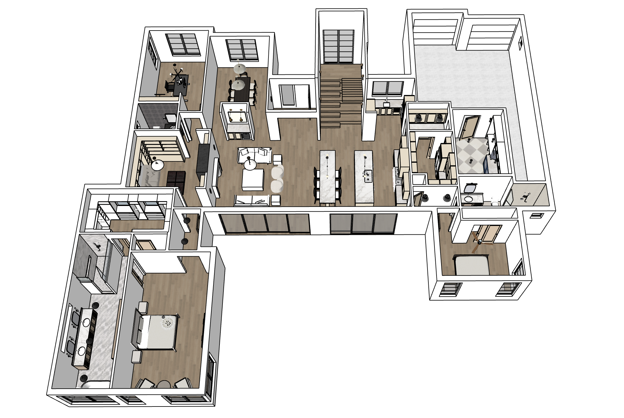 3D floor plan of a modern single-story house with multiple bedrooms, bathrooms, living rooms, a kitchen, dining area, and a garage.