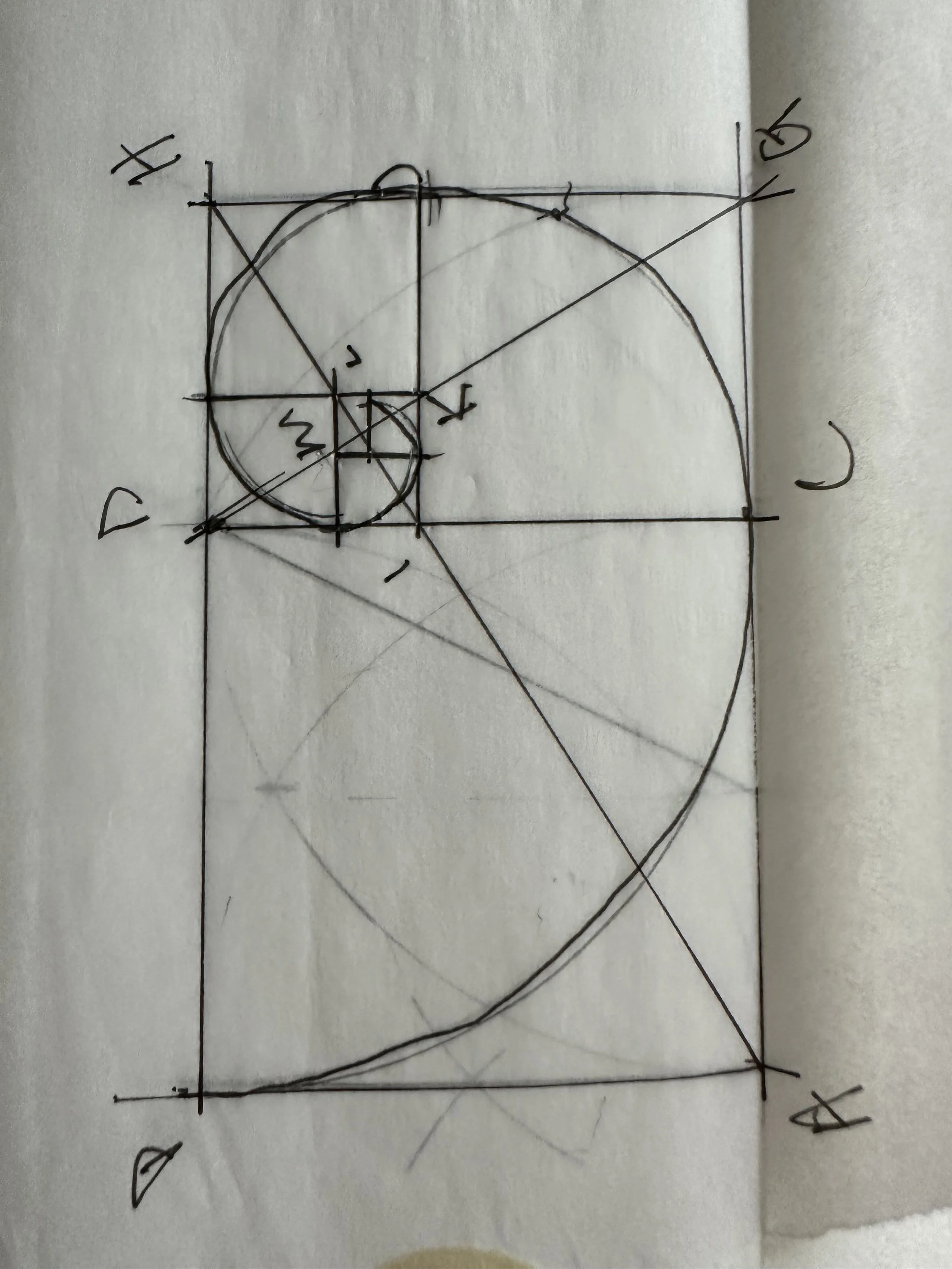 Hand-drawn geometric diagram including circles, squares, and lines with labeled points.