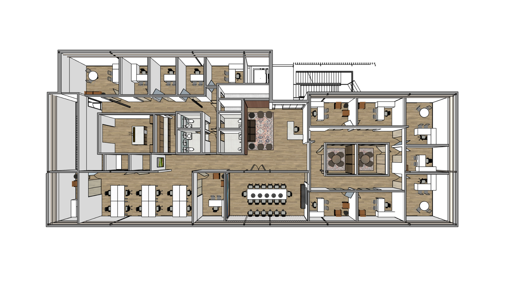 Floor plan of an office with multiple workspaces, conference rooms, restrooms, and common areas.