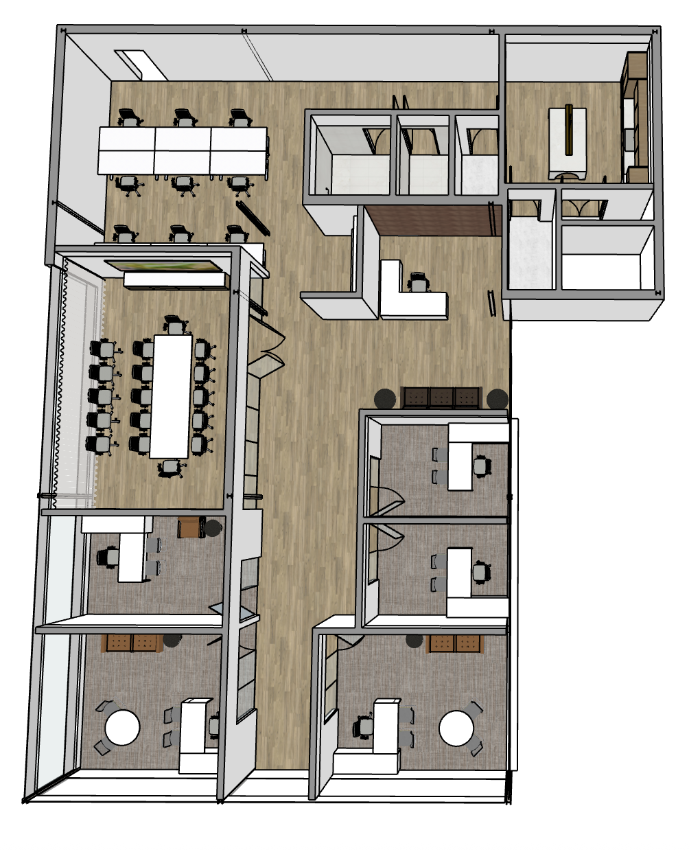 Floor plan of an office space with multiple work areas, conference rooms, private offices, and a reception area.
