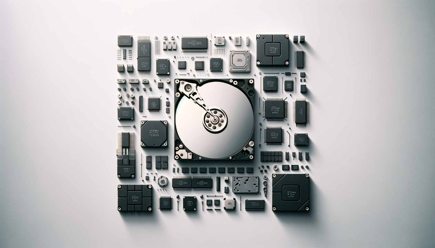 Bild einer geöffneten Festplatte daneben liegen systematisch platzierte mikrochips in verschiedenen Formen. Pins sind deutlich zu sehen. der Hintergrund ist weiß und die Komponenten sind grau bis schwarz und metallisches Silber