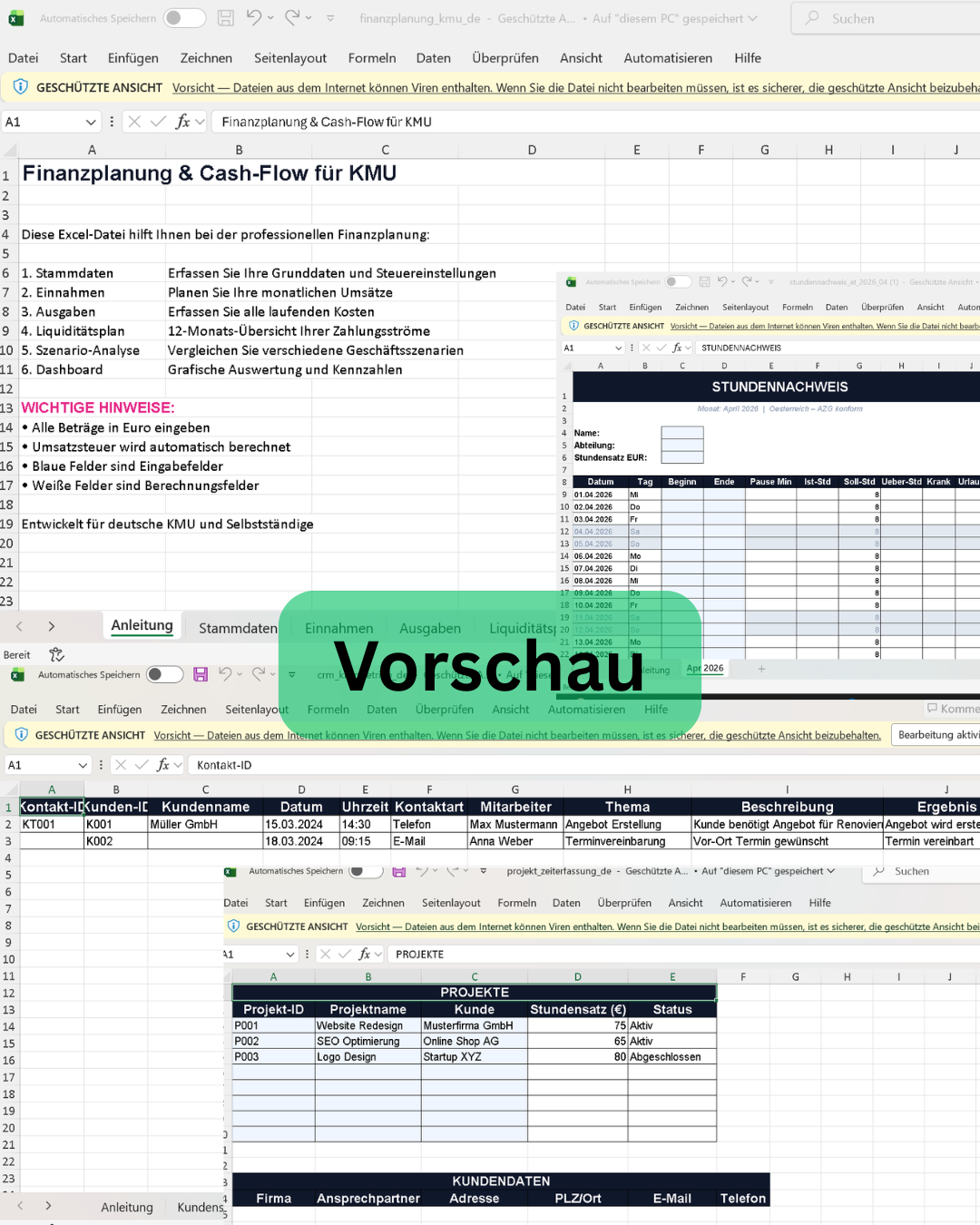 Vorschau von verschiedenen Excel Vorlagen für Ihr Business