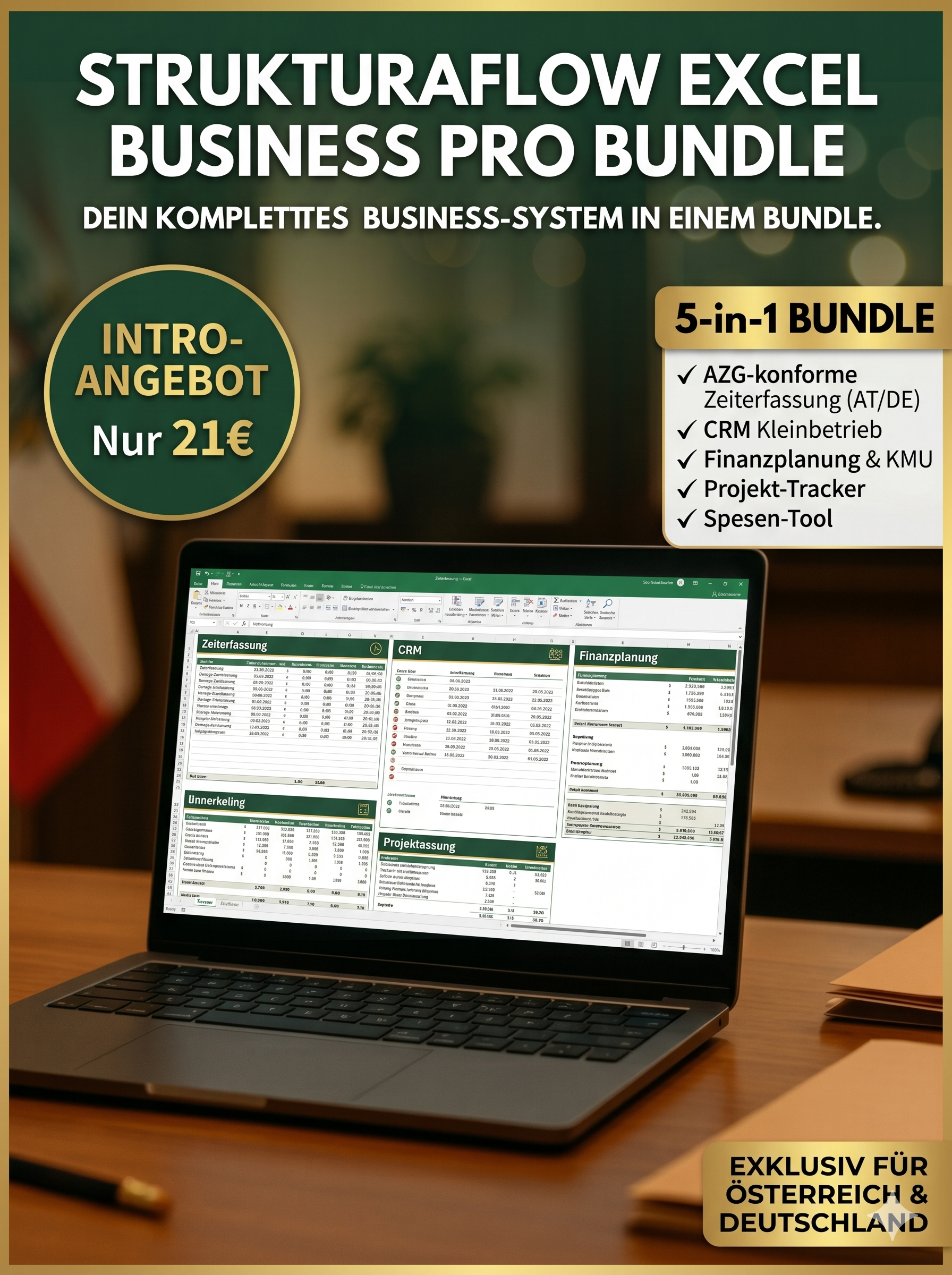 Professionelles Excel Business Pro Bundle mit 5 Vorlagen für Unternehmen in Österreich und Deutschland, inklusive Zeiterfassung und CRM.