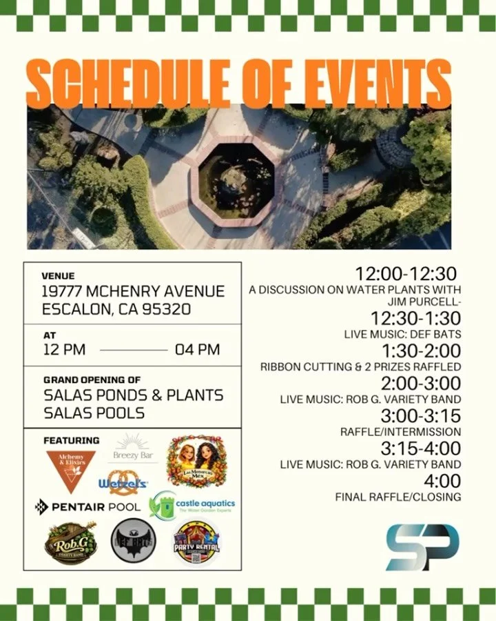🎉 GRAND OPENING 🎉

We&rsquo;re excited to officially welcome you to Salas Ponds &amp; Plants + Salas Pools 🌿💧

📍 19777 McHenry Ave, Escalon, CA 
🗓️ This Saturday 
⏰ 12 PM &ndash; 4 PM 

Come celebrate with us and enjoy a full day of fun, music,
