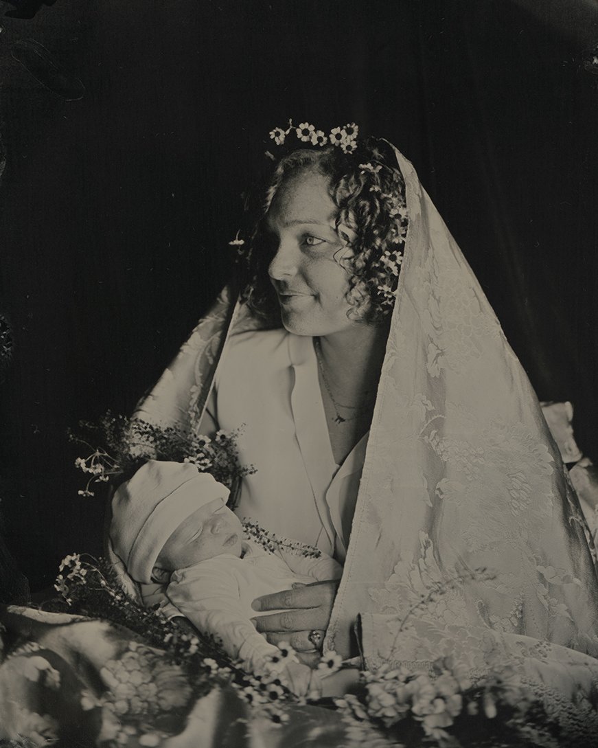 tintype portrait of a mother and her baby surrounded by flowers made in NYC