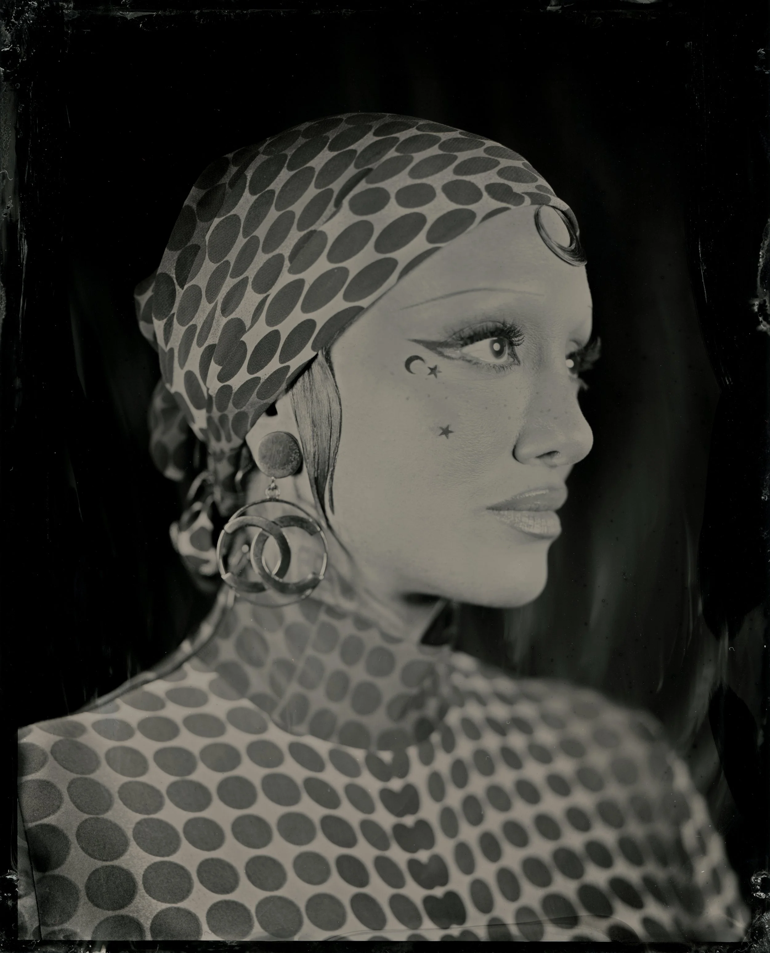 A tintype portrait of makeup artist and influencer Erin Parsons with a distinctive artistic style and 1920s composition