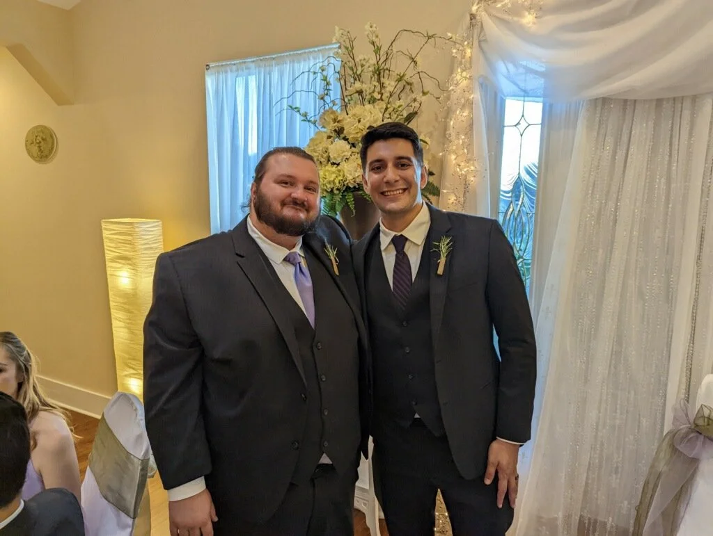 The owner of JWP Locksmithing LLC standing next to his friend at his friend's wedding in Oregon.