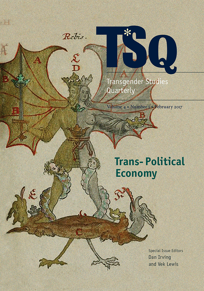 2017. David, Emmanuel. “Capital T: Trans Visibility, Corporate Capitalism, and Commodity Culture.” TSQ: Transgender Studies Quarterly 4(1): 28-44. Special issue: “Trans-Political Economy.” 