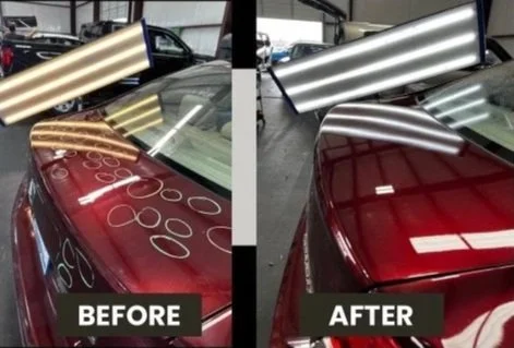 Comparison of a red car's roof before and after cleaning or polishing, showing removal of water spots or streaks.