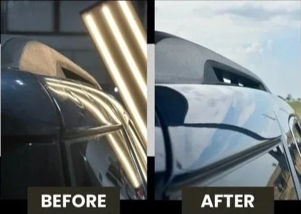 Side-by-side comparison of a black car's roof before and after cleaning, showing a cleaner, shinier surface in the after image.