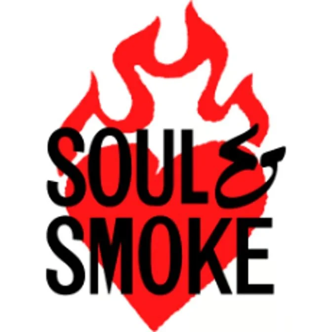 A logo with a red flame above a red heart, with the words "SOULS & SMOKE" in black text over the heart.