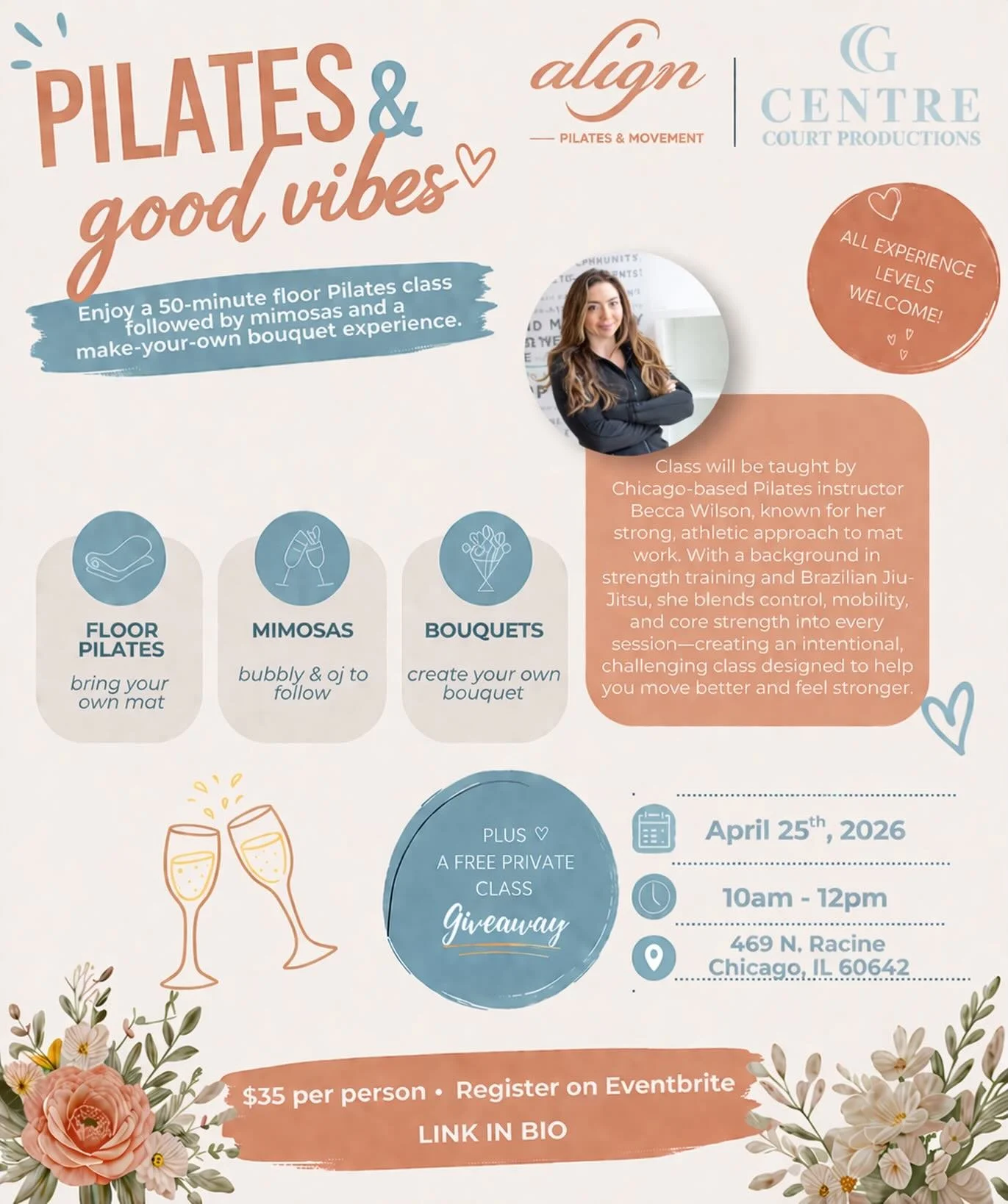 Pilates, mimosas, and a little something extra 🥂

Start your morning with a 50-minute mat Pilates class led by Becca Wilson, then stay to sip mimosas and create your own bouquet! 💐 

We&rsquo;ll also have local wellness and beauty brands on-site wi