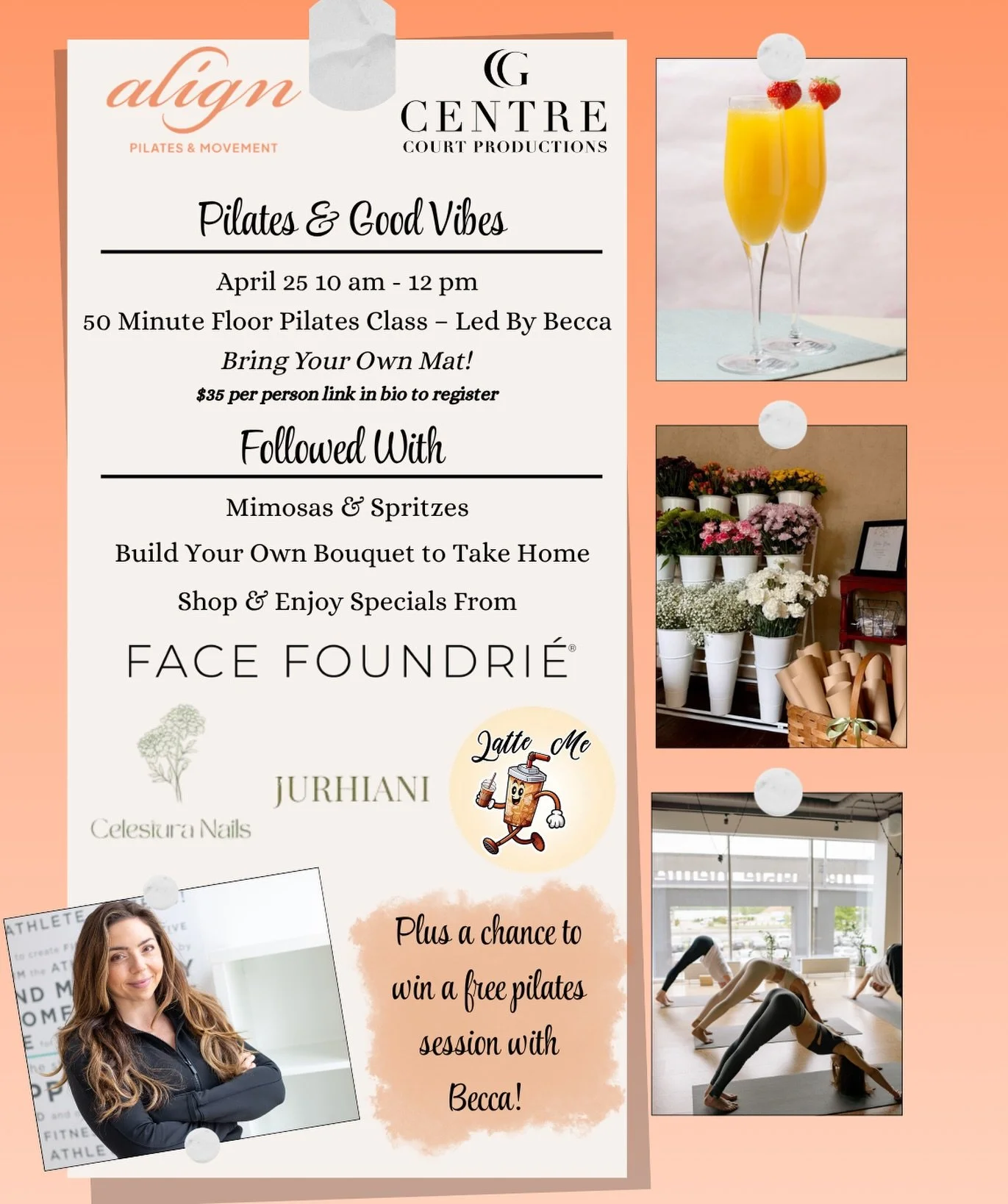 A Saturday morning well spent 🤍✨

Join us for Pilates &amp; Good Vibes on April 25 at Centre Court Productions featuring a 50-minute floor Pilates class with Becca, mimosas &amp; spritzes, a bouquet bar, and offerings from Face Foundri&eacute;, Cele