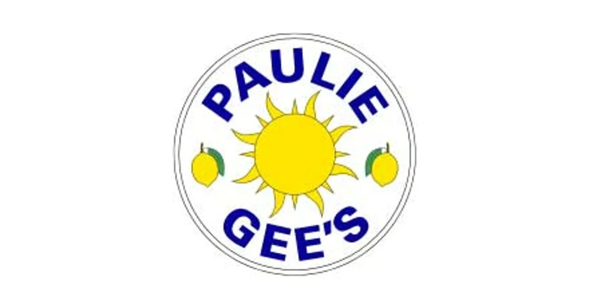 Logo with a yellow sun and two lemons, with the text 'PAULIE GEE'S' in blue circular around the sun and lemons.