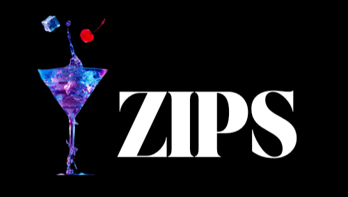 A cocktail glass with blue liquid and ice, with a cherry and ice cube floating above, and the word 'ZIPS' in bold white letters on a black background.