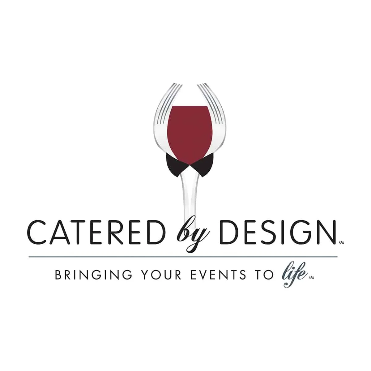 Logo for CATERED by DESIGN featuring a stylized wine glass with red wine, with tagline 'BRINGING YOUR EVENTS TO life'.