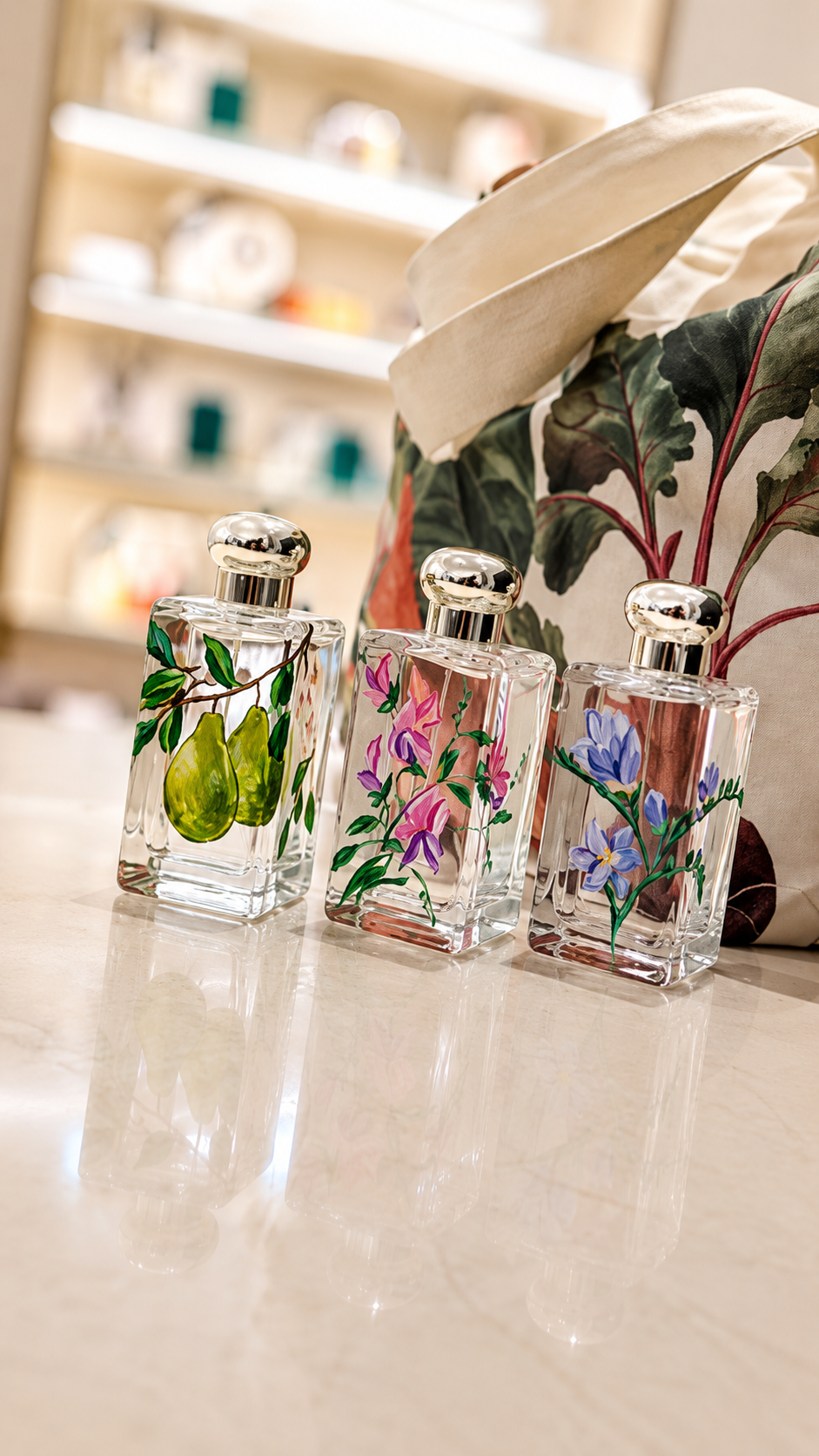 Hand-painted fragrance bottles created during a luxury retail personalization event and experiential marketing activation.