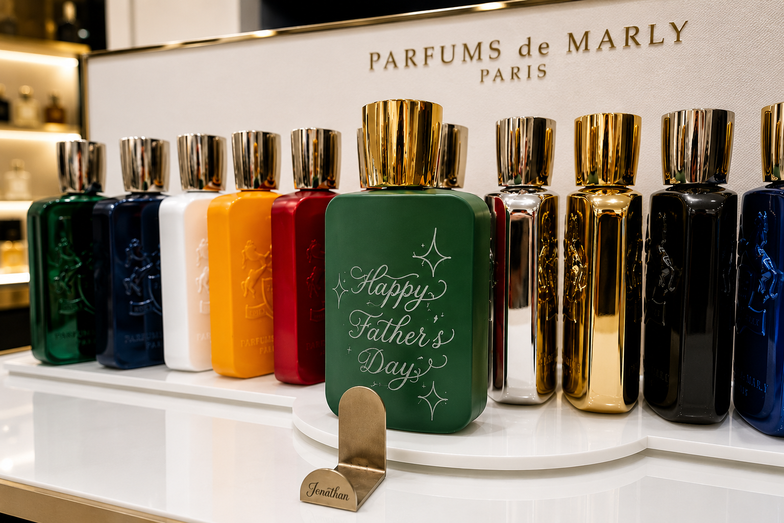 Luxury fragrance bottles displayed during a live engraving brand activation, showcasing on-site personalization services for luxury retail and experiential marketing events.