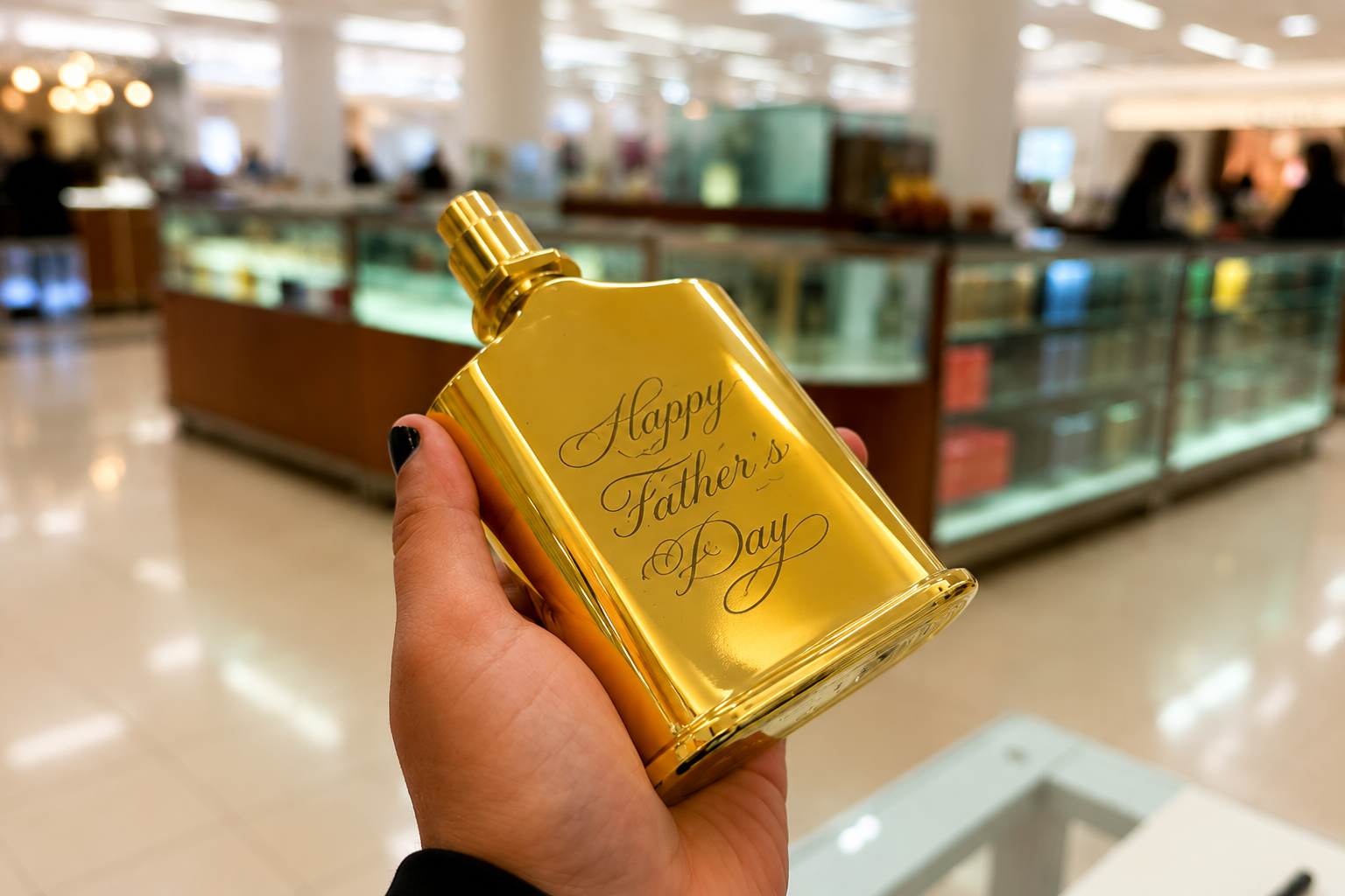 Professional Spencerian calligraphy hand-lettered on a luxury fragrance bottle during a live retail brand activation, creating a personalized customer experience.