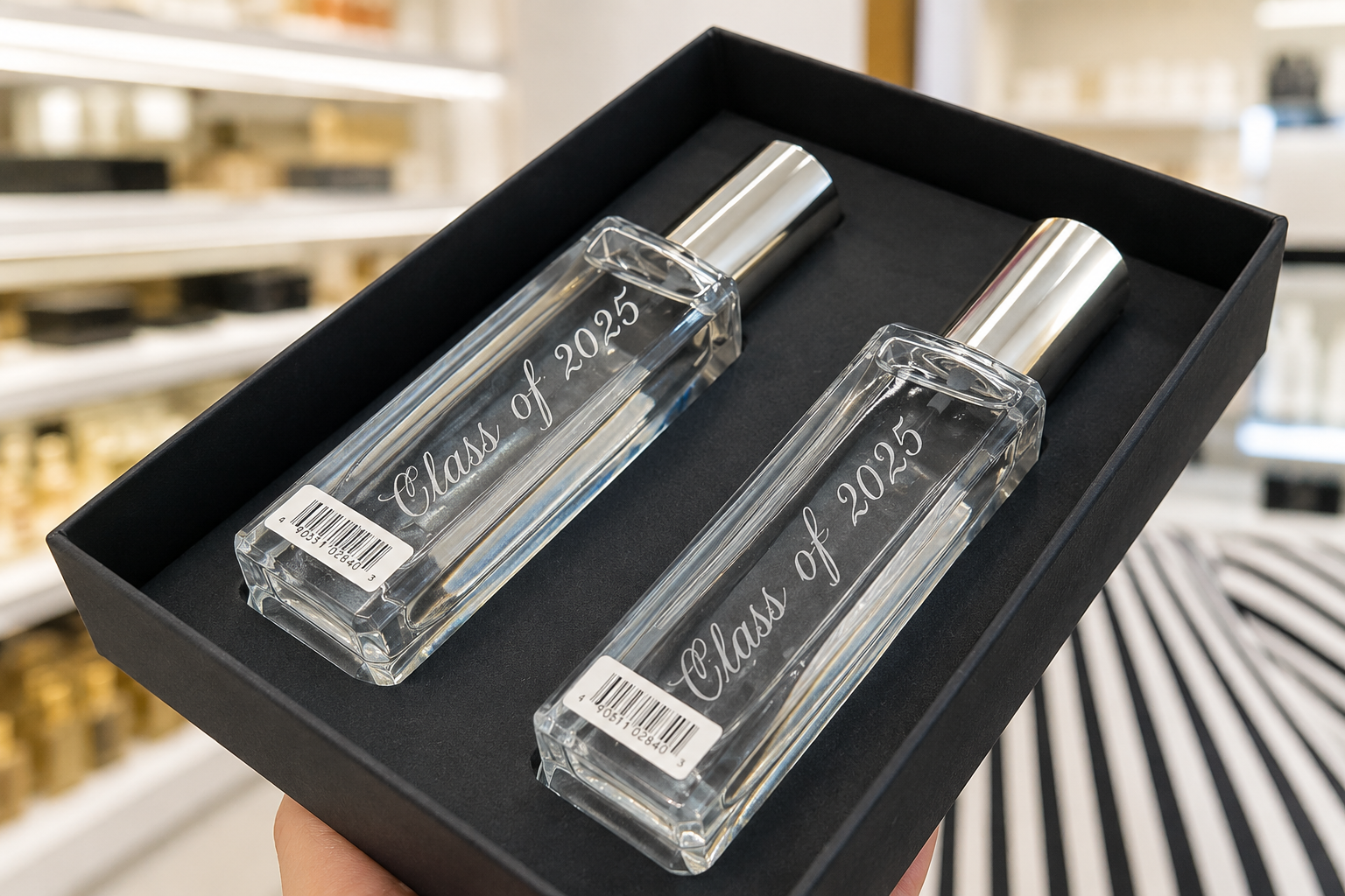 Luxury fragrance bottles personalized with live engraving during a retail brand activation event, showcasing on-site engraving services for experiential marketing and luxury customer experiences.