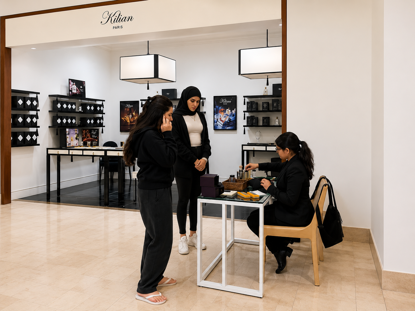 Professional live engraving artist personalizing luxury fragrance products during a Kilian Paris retail activation, creating a premium customer experience through on-site personalization.
