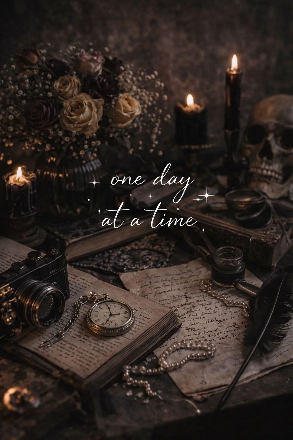 A dimly lit scene with dried roses in a vase, lit candles, an old skull, vintage items like a camera, pocket watch, pearl necklace, quill, and handwritten letters on a dark table. The text overlay reads 'one day at a time' with sparkles.