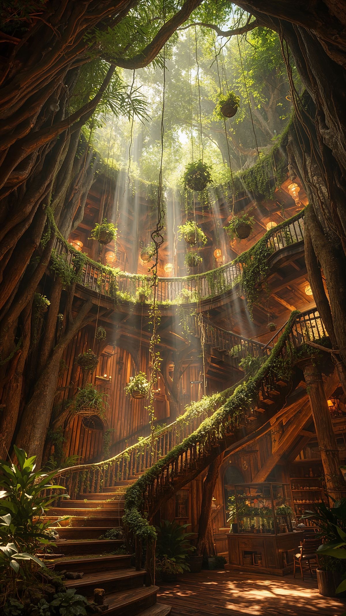 Interior of a large, multi-level treehouse with wooden stairs and railings covered in moss and plants, sunlight streaming through the glass ceiling and hanging potted plants.