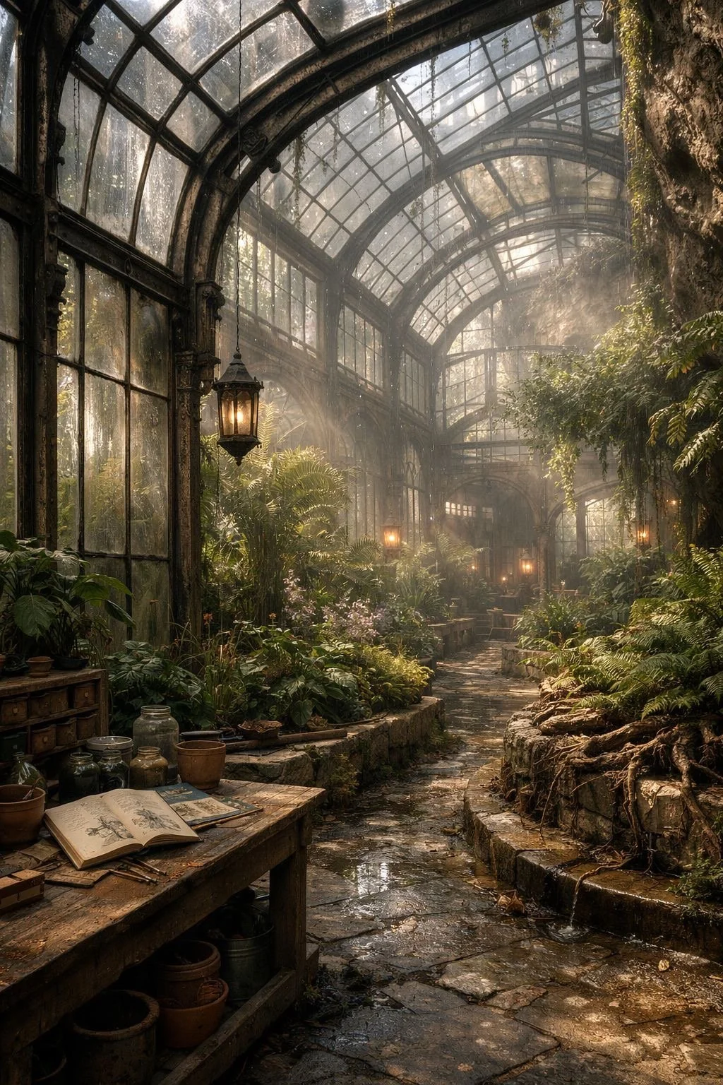 Inside a lush, vintage greenhouse with glass arched ceilings, plants, lantern lighting, and a stone pathway.