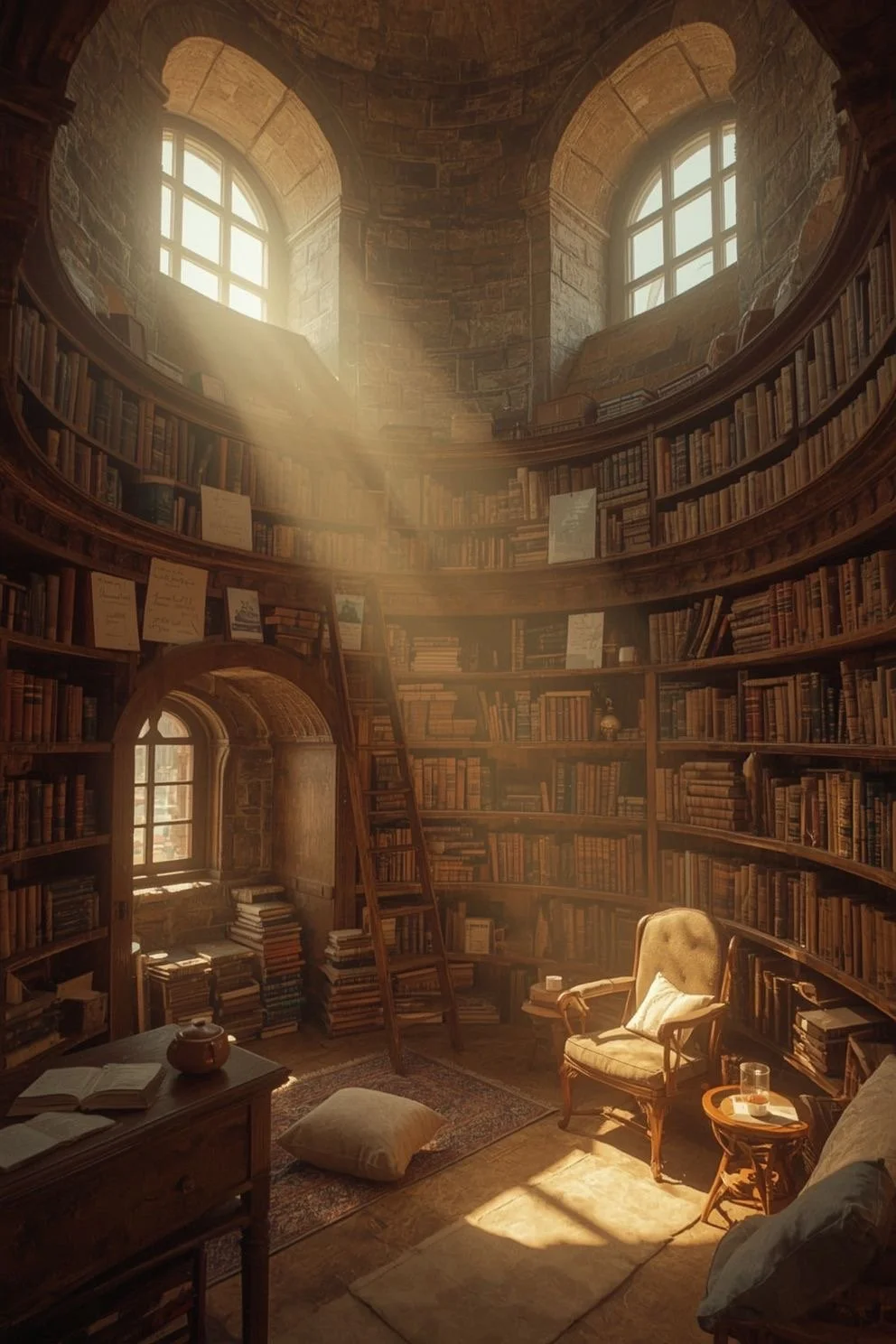 Sunlight streams into a large, circular stone library with tall, arched windows, filled with wooden bookshelves lined with numerous books, a ladder, an armchair with a pillow, a side table with a glass, and a small table with an open book and a teapo
