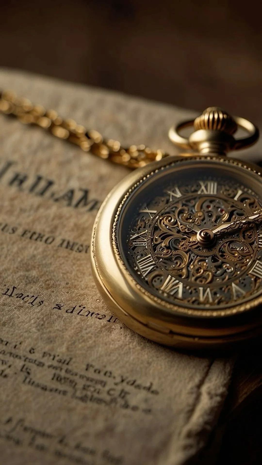 Close-up of a vintage gold pocket watch with an intricate, open-worked dial, resting on an old piece of paper or newspaper with vintage typeface.