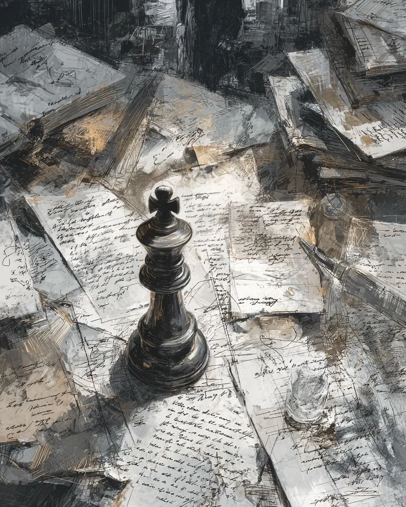 A black chess king placed on top of scattered old handwritten letters and papers, with a glass of water and a pen nearby, creating a chaotic scene.