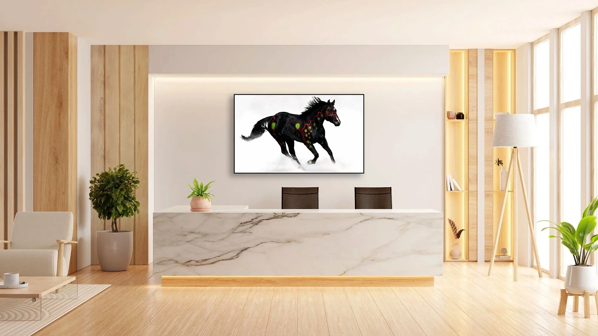 "Crow War Pony-2" art from the War Pony Project in contemporary office 