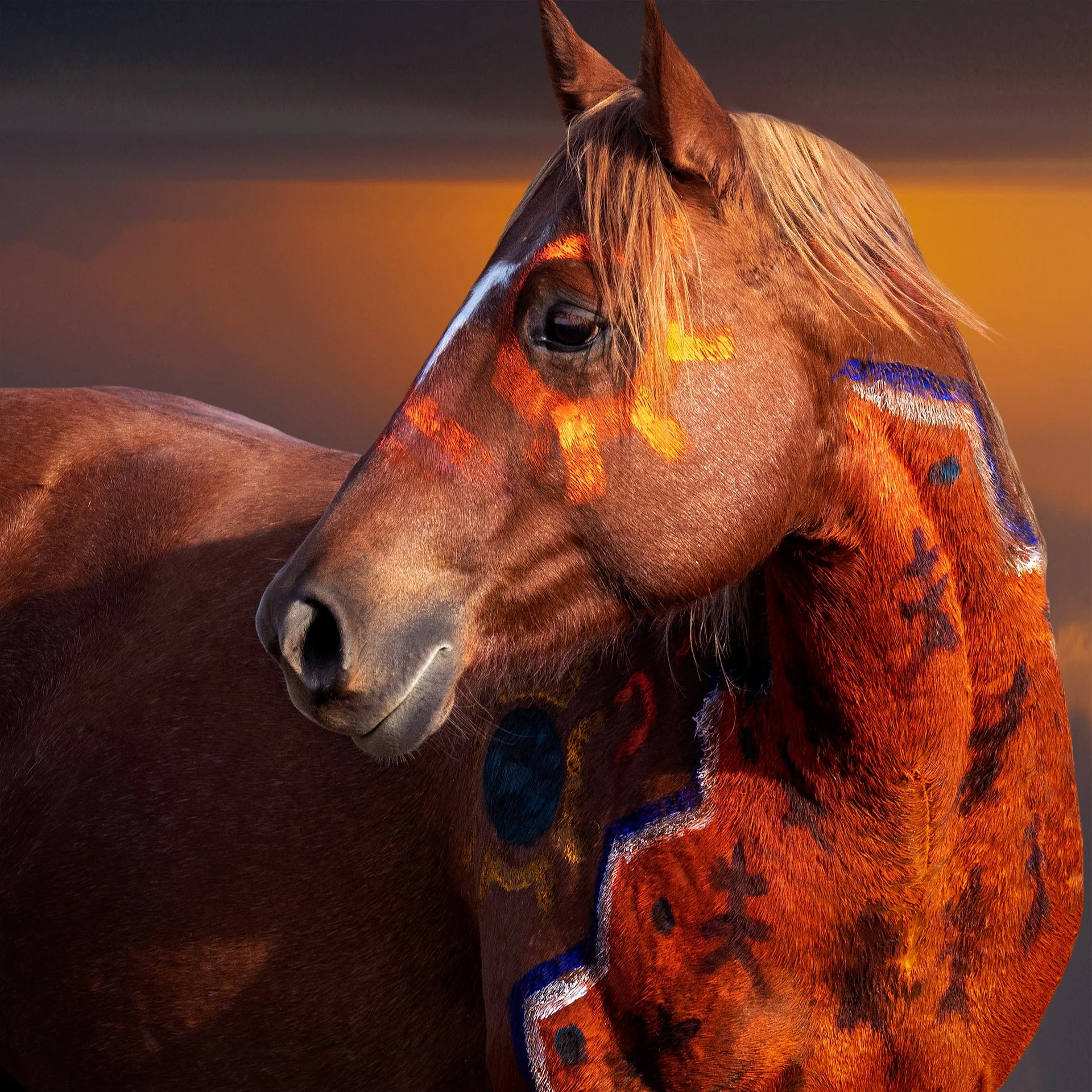 Portrait of War Pony on Crow Reservation painted with symbols