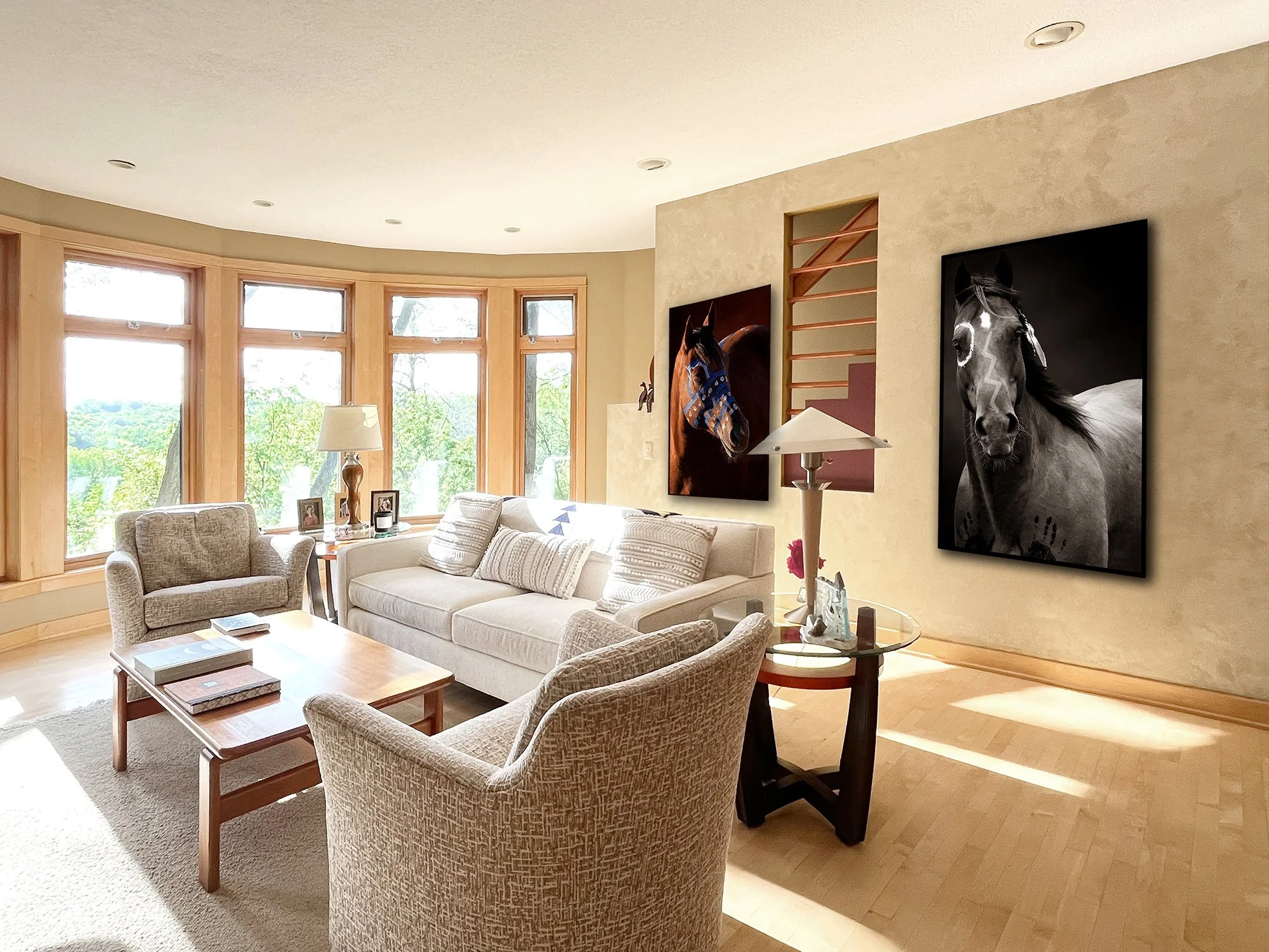Contemporary living room displaying two pieces of War Pony art from the War Pony Project