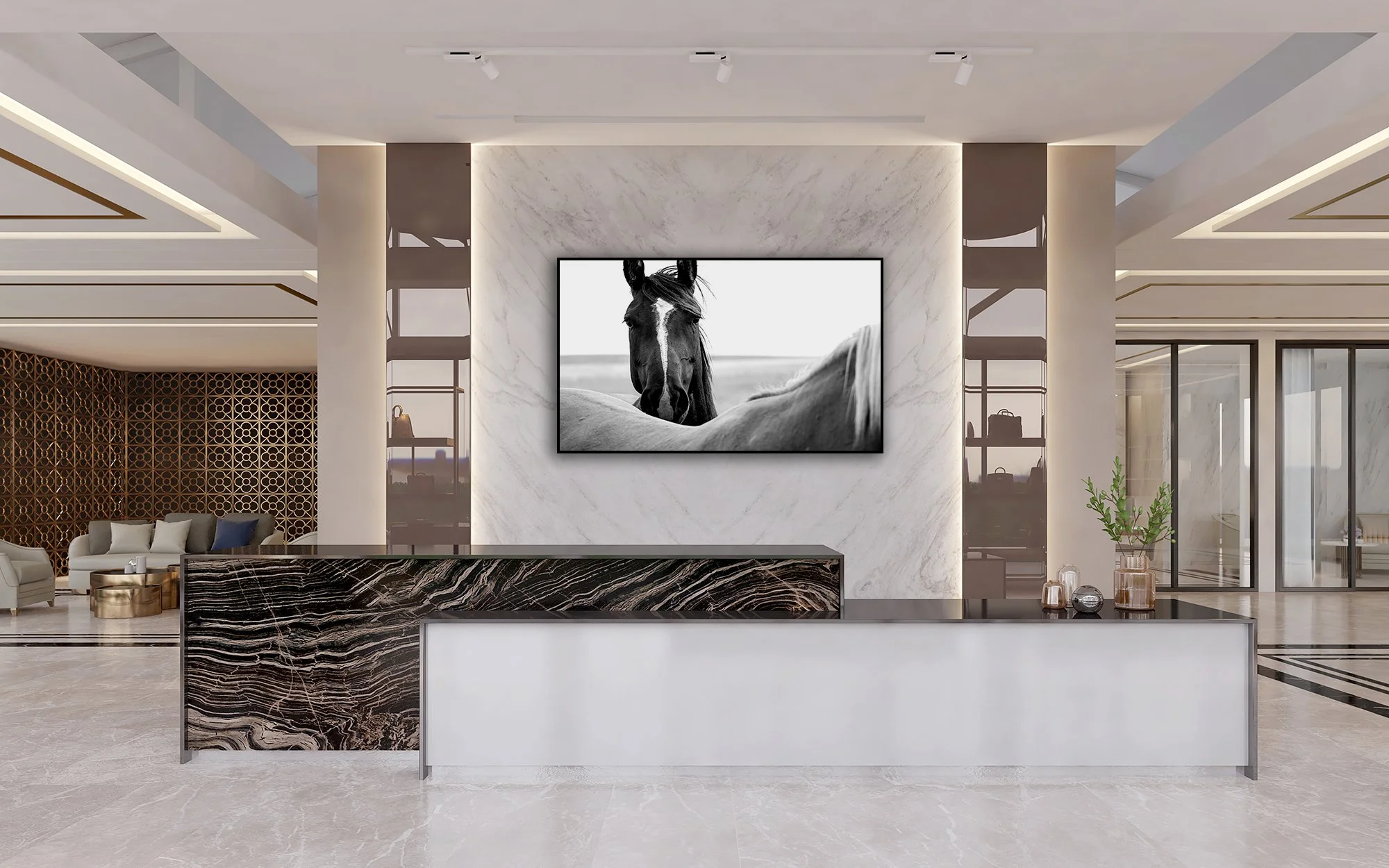 A black and white horse portrait displayed in hotel lobby